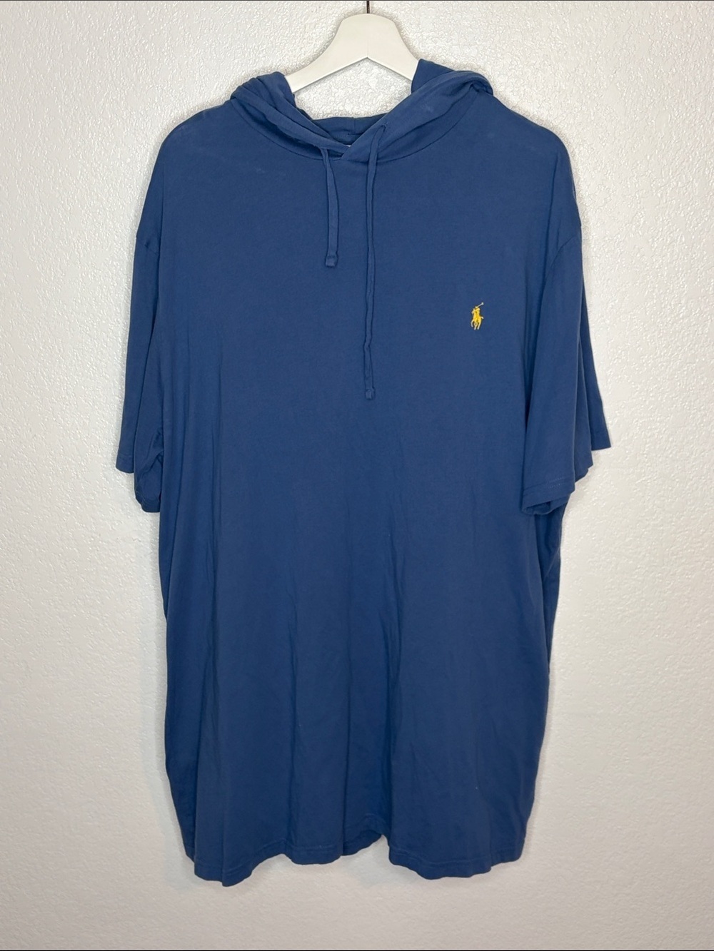 Polo Ralph Lauren Blue Cotton Jersey Hooded Tee Shirt Yellow Pony Size XL Tall